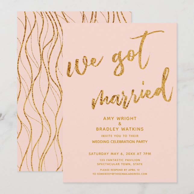 Gold Waves We Got Married Blush Wedding Reception Invitation (Front/Back)