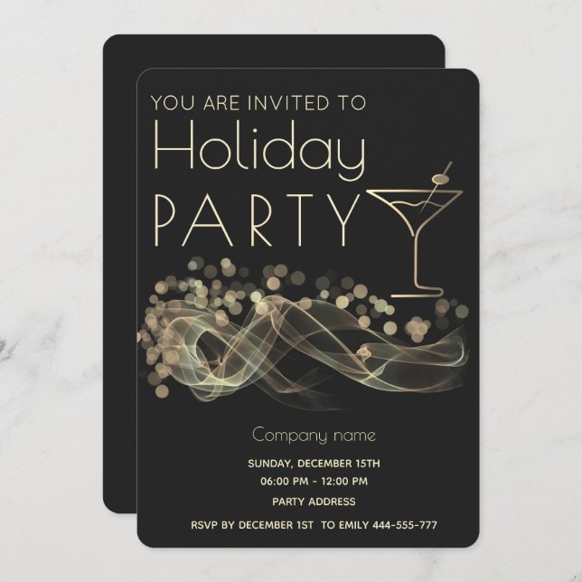 Gold wavy bokeh cocktail corporate Holiday party  Invitation (Front/Back)