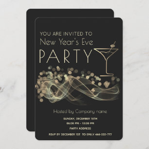 Gold wavy bokeh cocktail New Year's Eve Invitation
