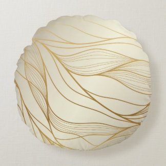 Gold wavy pattern. Luxurious golden linear ornamen Round Cushion
