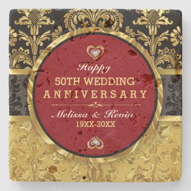 Gold Wedding Anniversary Red Black & Gold Stone Coaster (Front)