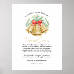 Gold wedding bells red ribbon unplugged festive poster