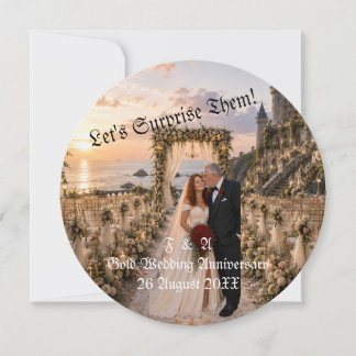 Gold Wedding Couple Photo Surprise Round  Invitation
