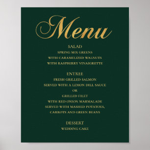 Gold wedding dinner menu. Green elegant simple Poster