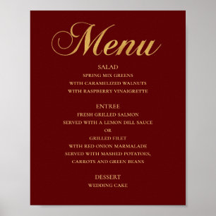 Gold wedding dinner menu. Maroon elegant simple Poster