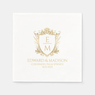 Gold Wedding Initials & Wedding Floral Crest  Napkin