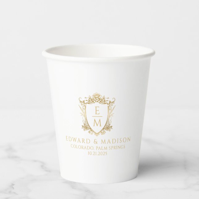 Gold Wedding Initials & Wedding Floral Crest  Paper Cups (Front)