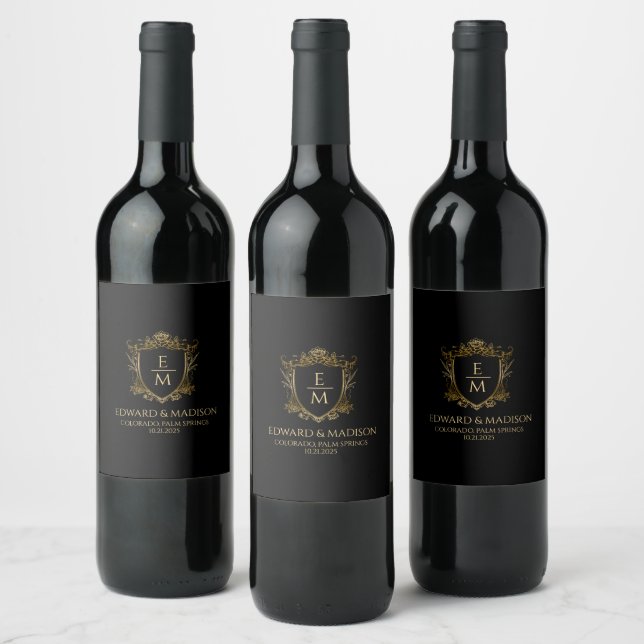 Gold Wedding Initials & Wedding Floral Crest  Wine Label (Bottles)