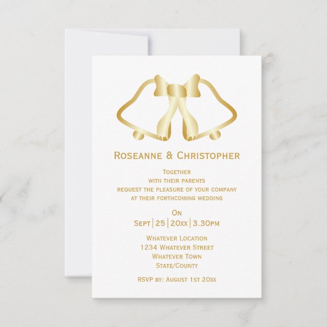 Gold Wedding Invitation Bells And Ribbon (Front)