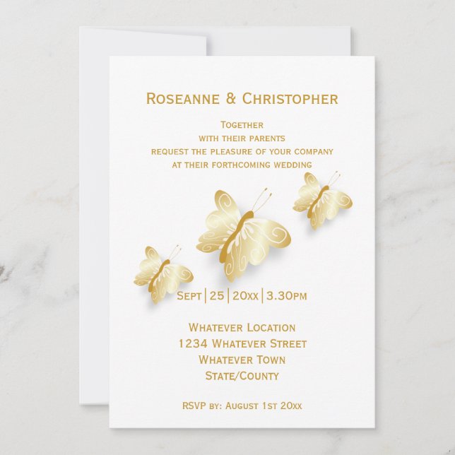 Gold Wedding Invitation Butterflies Design (Front)