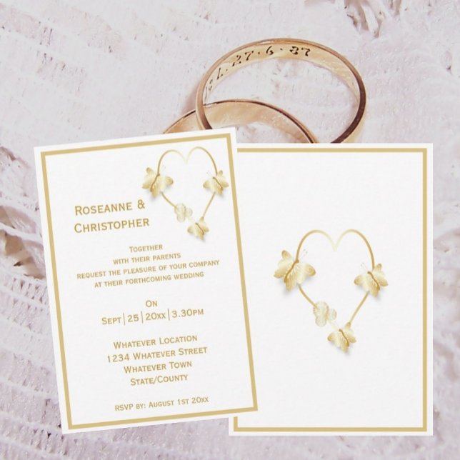 Gold Wedding Invitation Butterflies Heart Design (Gold wedding invitation butterflies heart design)