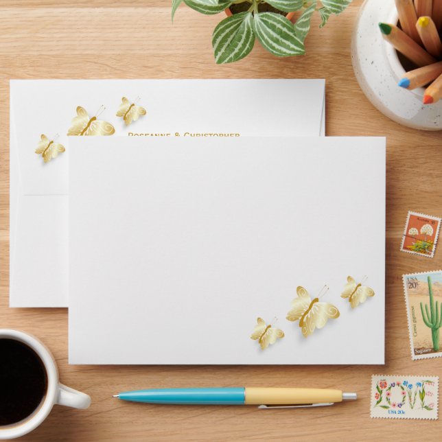 Gold Wedding Invitation Envelope Butterflies (Desk)