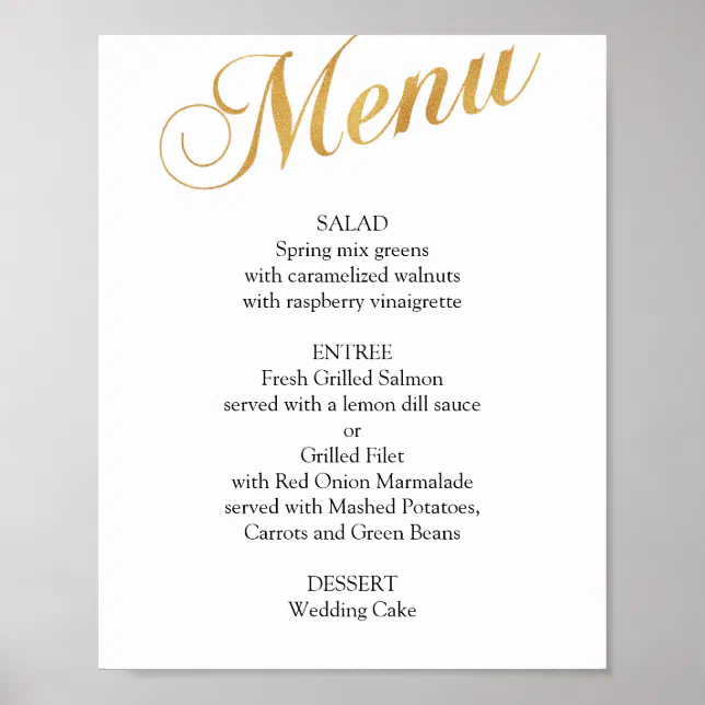 Gold wedding menu poster. Elegant dinner menu Poster | Zazzle