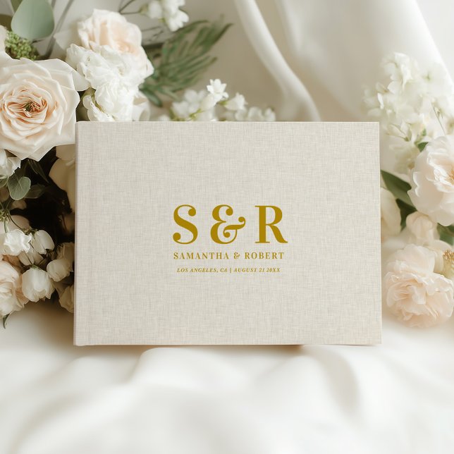 Gold Wedding Monogram Beige Linen Guest Book (Creator Uploaded)