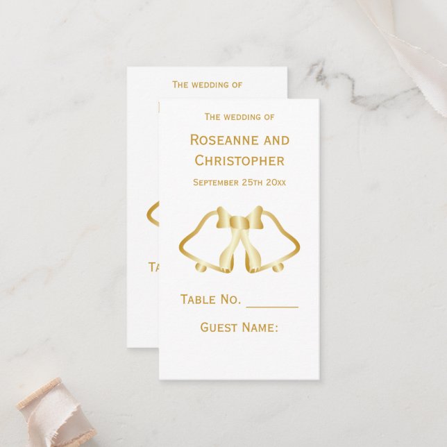 Gold Wedding Place Setting Card Bells Ribbon (Front/Back In Situ)