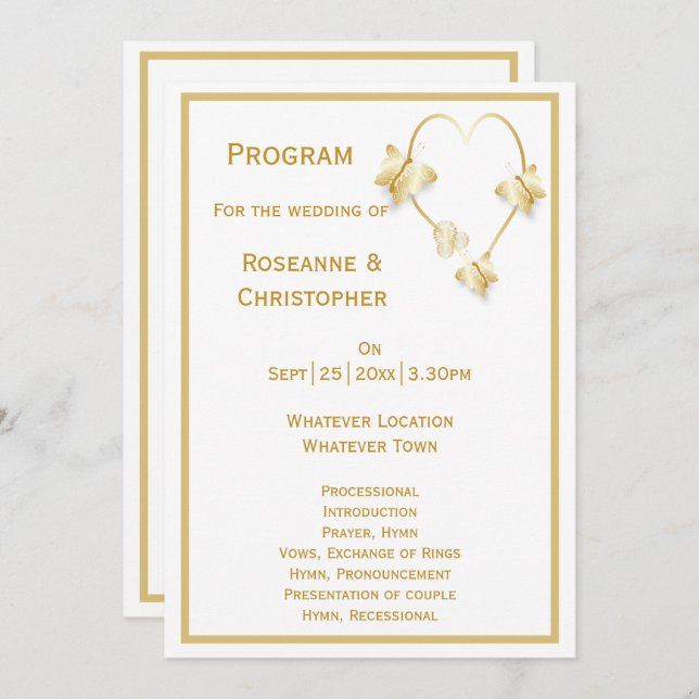 Gold Wedding Program Butterflies Heart (Front/Back)