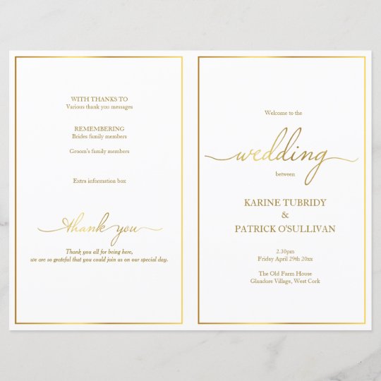 Gold Wedding Program Modern Font Gold Border Zazzle Com Au