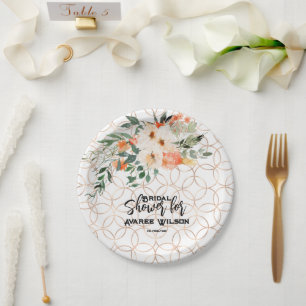 Gold Wedding Ring Pattern with Orange Roses Paper Plate