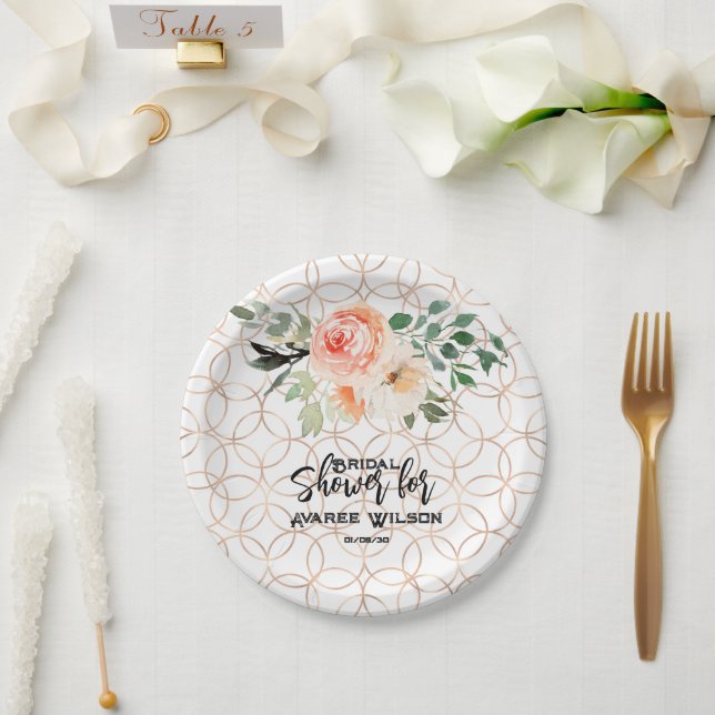 Gold Wedding Ring Pattern with Orange Roses  Paper Plate (Wedding)