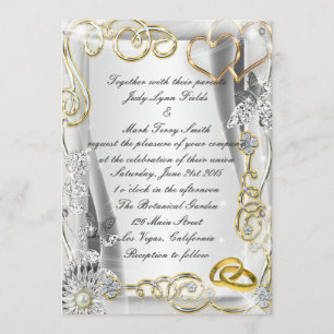 Gold Wedding Rings And Hearts Invitation