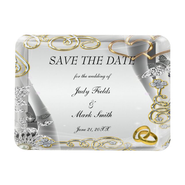 Gold Wedding Rings And Hearts Save The Date Magnet (Horizontal)