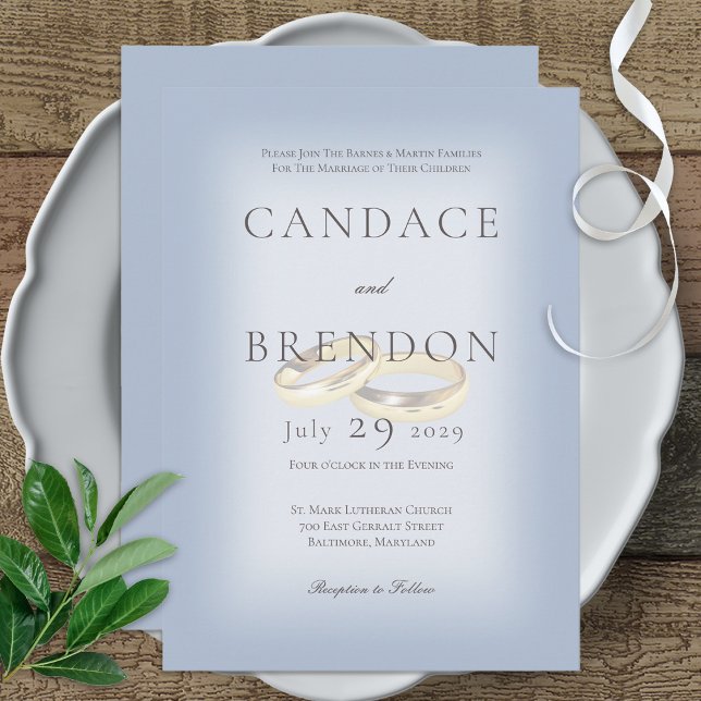 Gold Wedding Rings on Blue Wedding Invitation (Creator Uploaded)
