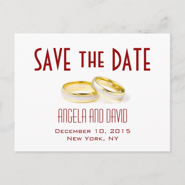 Gold Wedding Rings Red Save the Date Postcards (Front)