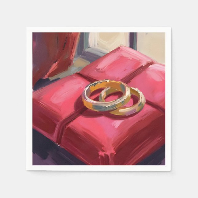 Gold Wedding Rings Watercolor Painting Red Napkin (Front)