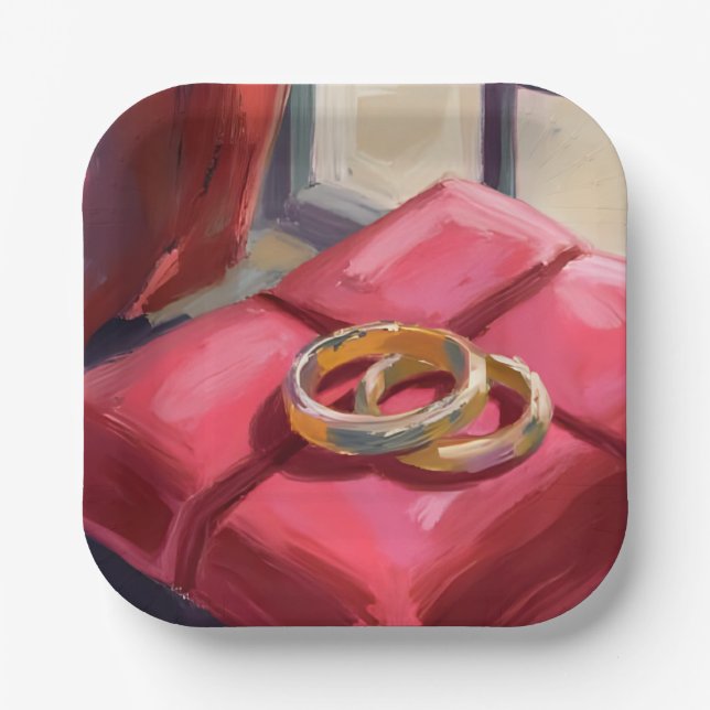 Gold Wedding Rings Watercolor Painting Red Paper Plate (Front)
