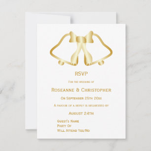 Gold Wedding RSVP Card Bells And Ribbon