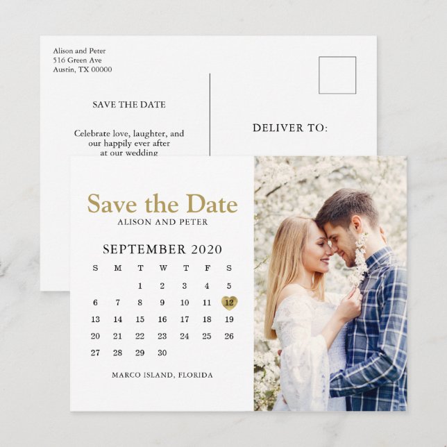 Gold Wedding Save the Date Calendar Photo Announcement Postcard (Front/Back)