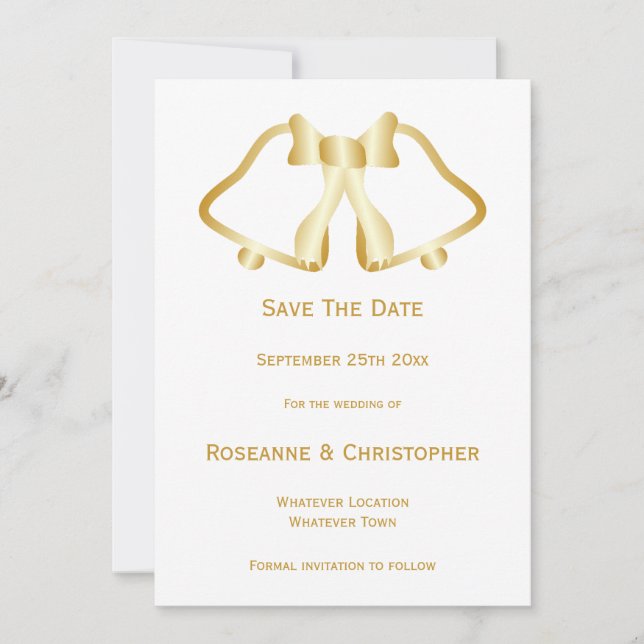 Gold Wedding Save The Date Card Bells And Ribbon (Front)
