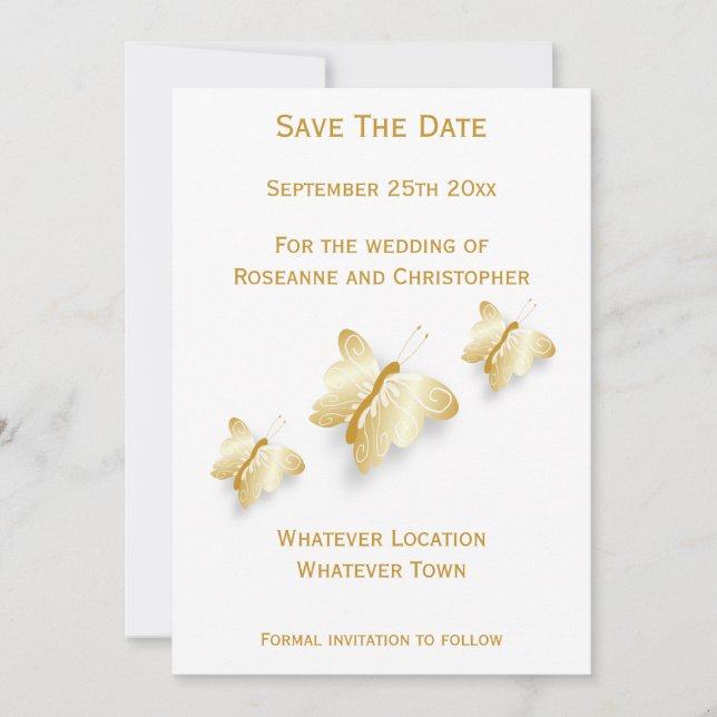 Gold Wedding Save The Date Card Butterflies (Front)