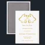 Gold Wedding Save The Date Magnet Bells Ribbon<br><div class="desc">Minimalist wedding save the date magnet bells design. Customise this gold coloured wedding save the date magnet with your wedding details. Should you require any help with customising then contact us through the link on this page. Gold bells design personalised wedding save the date magnet</div>