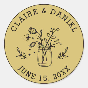 Gold Wedding Save the Date Mason Jar Flowers  Classic Round Sticker