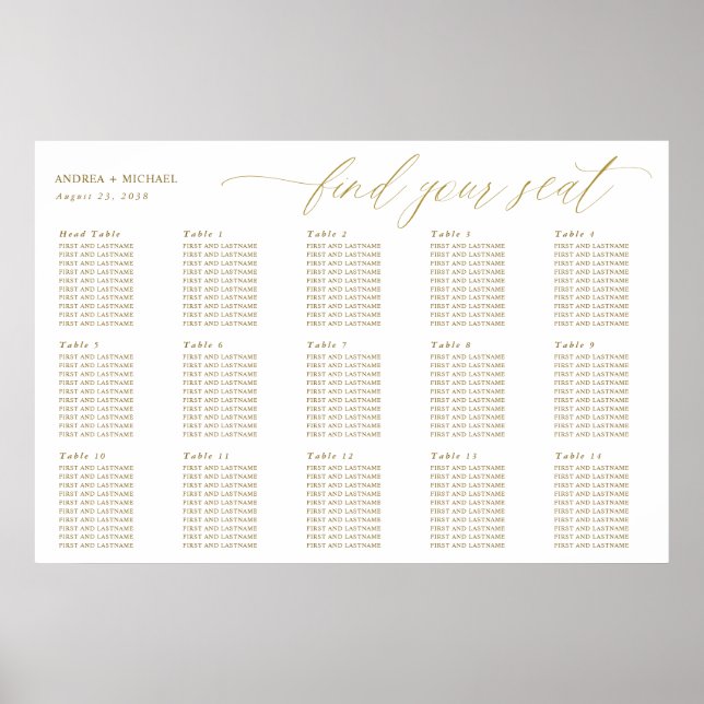 Gold Wedding Seating Chart Elegant Calligraphy (Front)