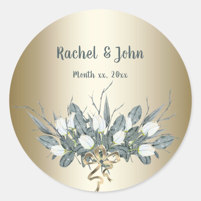 Gold Wedding Stickers with White Tulips (Front)