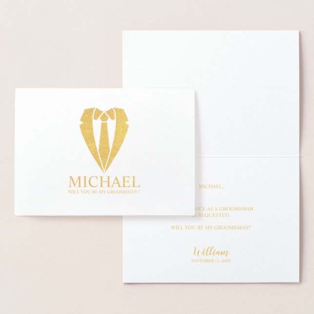 Gold Wedding Suit Personalised Groomsman Proposal Foil Card (Display)
