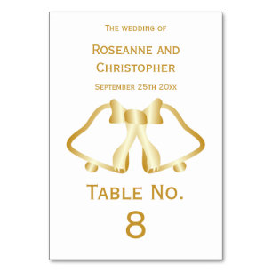Gold Wedding Table Number Card Bells And Ribbon