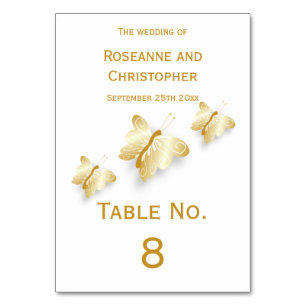 Gold Wedding Table Number Card Butterflies Design