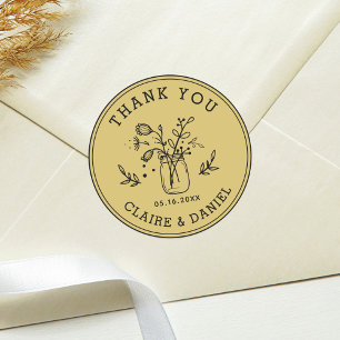Gold Wedding Thank You Mason Jar Flowers Classic  Round Sticker