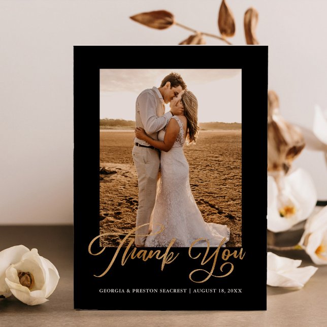 Gold Wedding Thank You Photo Card Minimal Script  (Creator Uploaded)
