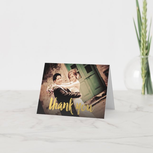 Gold Wedding Thank You Script Photo Greeting Card (Front)