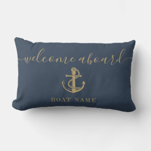 Gold Welcome Aboard Boat Name Anchor Navy Blue Lumbar Cushion