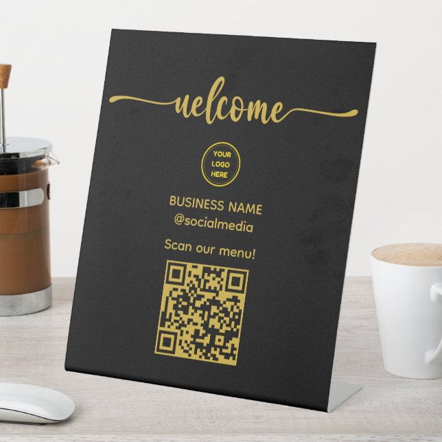Gold Welcome Sign With QR Code For Menu Sign (In SItu)