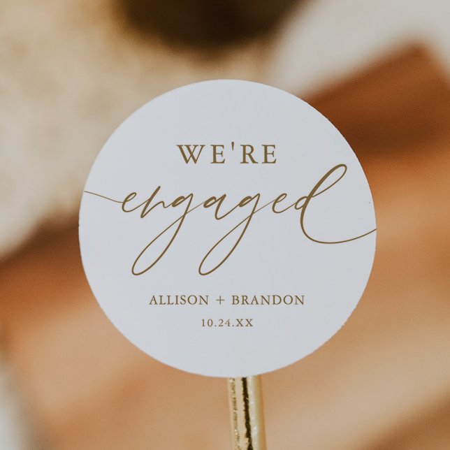 Gold We're Engaged Engagement Party Favours Classic Round Sticker (Creator Uploaded)