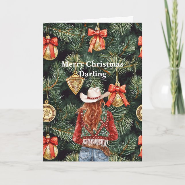 Gold Western Red Hair Cowgirl Christmas  Card (Front)