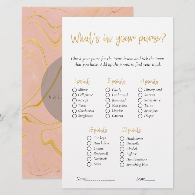 Gold What's In Your Purse Bridal Shower Game (Front/Back)