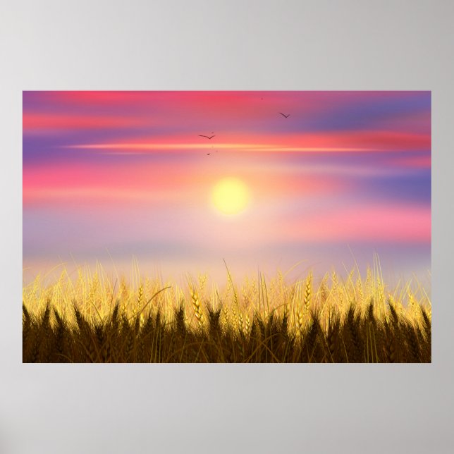 Gold Wheat Field Sunset sky Oil Painting Summer Poster (Front)