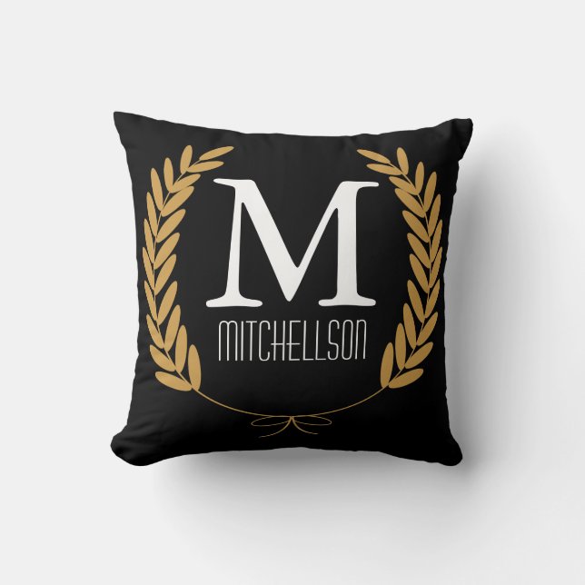 Gold Wheat Laurels on Black - Personalised Cushion (Front)